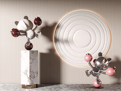 Silver And White Sculptures With Red Pink Balls On Marble Pedestal And Circular Wall Decor 3d model