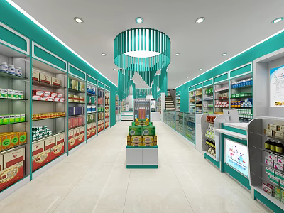 Modern Pharmacy Interior With Shelves Products Display Counter And Bright Lighting 3d model