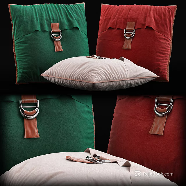 Stylish Decorative Pillows Green Red Beige With Leather Buckle Straps 3d model