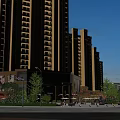 Dusk Street Scenery With Modern High Rise Residential Buildings Ground Floor Shops And Vehicles