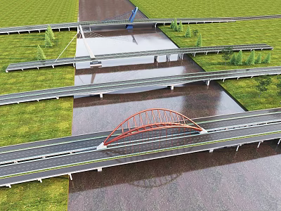 Red Arch Bridge And Multiple Highway Bridges Crossing Water With Green Fields 3d model