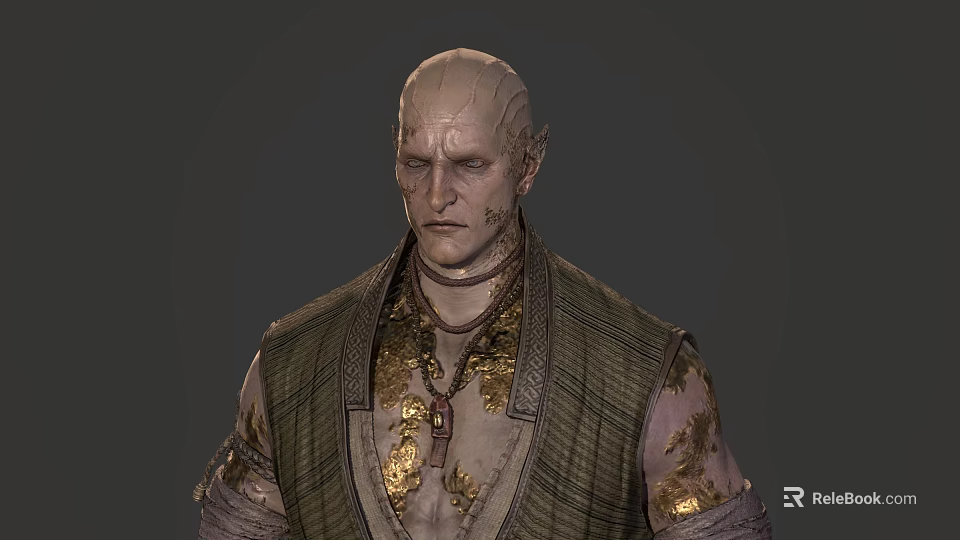 Game Movie Character With Bald Head Intricate Facial Markings And Golden Decorated Vest 3d model 