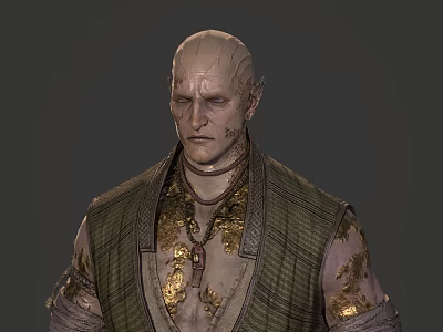 Game Movie Character With Bald Head Intricate Facial Markings And Golden Decorated Vest 3d model