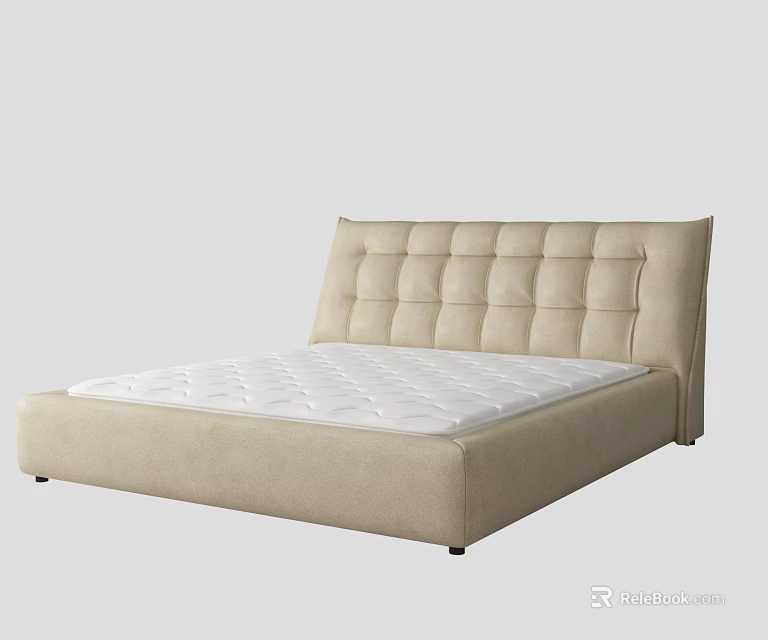 Modern Beige Double Bed with Tufted Headboard and White Mattress in Minimalist Design 3d model 