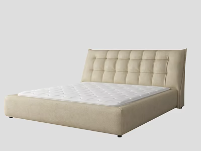 Modern Beige Double Bed with Tufted Headboard and White Mattress in Minimalist Design 3d model