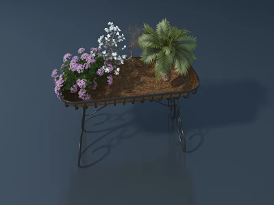 Decorative Bonsai Potted Plants with Purple White Flowers Palm Like Plant on Metal Stand Table 3d model