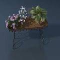 Decorative Bonsai Potted Plants with Purple White Flowers Palm Like Plant on Metal Stand Table