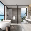 Modern Bathroom Interior With Freestanding Bathtub Glass Shower Enclosure Large Window And Stone Walls