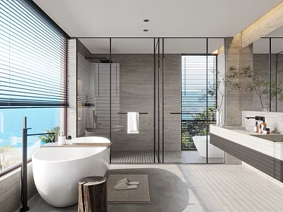 Modern Bathroom Interior With Freestanding Bathtub Glass Shower Enclosure Large Window And Stone Walls 3d model