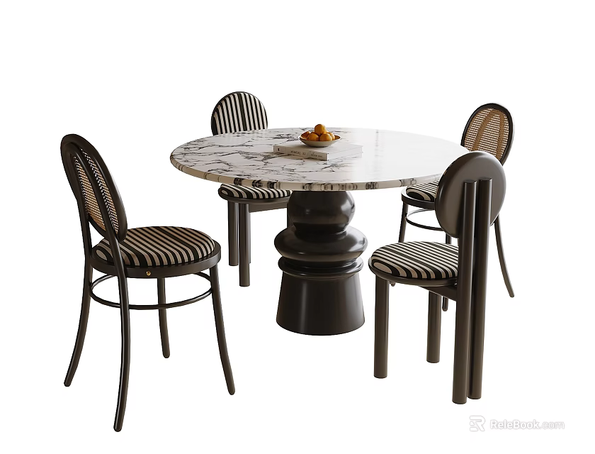 Elegant Round Dining Table Set With Marble Top And Four Striped Chairs 3d model 