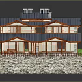 Traditional Two Story Guesthouse Building With Blue Tiled Roof Red Wooden Accents And Green Lawn