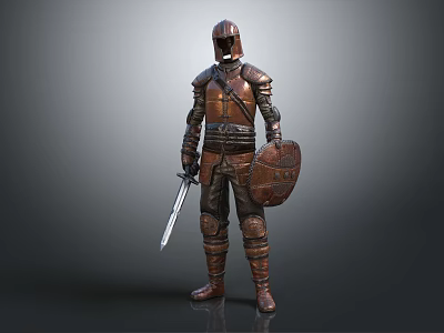 Medieval Armored Warrior Character Holding Sword And Shield In Gray Background 3d model