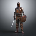 Medieval Armored Warrior Character Holding Sword And Shield In Gray Background