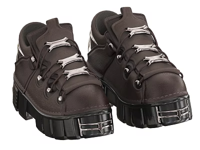 Brown Leather Chunky Sole Shoes With Metallic Lace Buckles And Black Outsole 3d model
