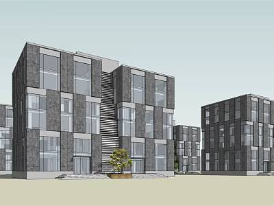 Modern Multi Storey Buildings Featuring Gray Facade Glass Curtain Walls And Entrance Plants 3d model