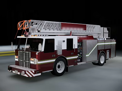 Functional Firefighting Vehicle With Red And White Exterior Ladder And Emergency Equipment 3d model