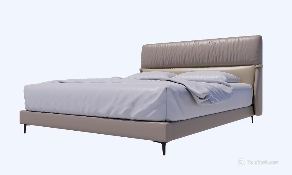Modern Double Bed with Leather Upholstered Headboard and White Linen Bedding 3d model