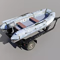 Wooden Boat With Blue And White Camouflage Pattern On Trailer With Black Wheels And Hitch