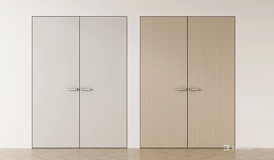Modern Double Doors With Light Gray And Light Wood Panels And Metal Handles 3d model 