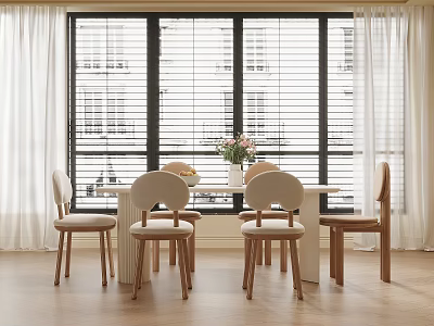 Modern Dining Table with Four Chairs Vase of Flowers and Fruit by Window Blinds 3d model
