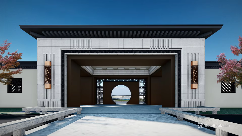 Chinese Style Building Facade With Stone Material And Symmetrical Portico Decorative Elements 3d model