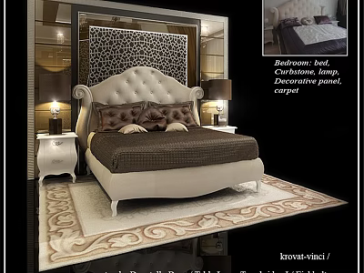 Elegant Double Bed with Upholstered Headboard Decorative Panel and Nightstands in Bedroom Interior with Rug 3d model