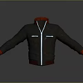 Fashionable Brown Leather Jacket with Red Ribbed Collar and Cuffs White Zipper