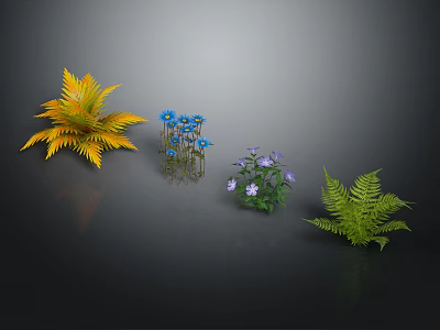 Diverse Ornamental Plants with Yellow Foliage Green Ferns Blue and Purple Blossoms 3d model
