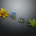Diverse Ornamental Plants with Yellow Foliage Green Ferns Blue and Purple Blossoms