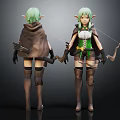 Elf Archer 3D Character Model With Green Hair Cloak Bow Arrow Quiver Front Back View