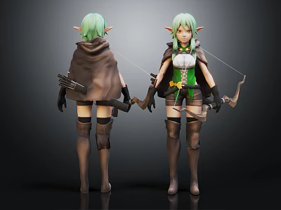 Elf Archer 3D Character Model With Green Hair Cloak Bow Arrow Quiver Front Back View 3d model