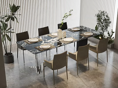 Modern Dining Table Set With Six Chairs Tableware Vase Plants And Blinds 3d model