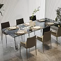 Modern Dining Table Set With Six Chairs Tableware Vase Plants And Blinds 3d model
