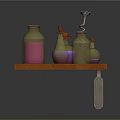 Laboratory Shelf with Bottles Colored Liquids and Funnel on Orange Wooden Stand