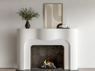 White Modern Fireplace With Green Plant Vase Artwork On Mantel And Burning Fire 3d model