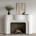 White Modern Fireplace With Green Plant Vase Artwork On Mantel And Burning Fire