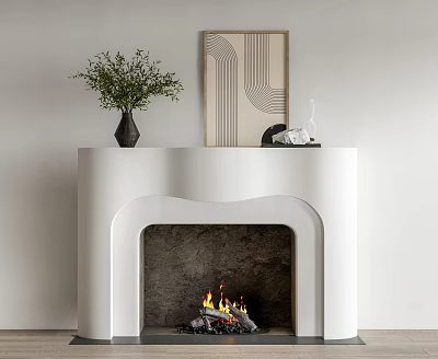 White Modern Fireplace With Green Plant Vase Artwork On Mantel And Burning Fire 3d model