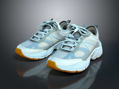 White And Gray Casual Sporty Sneakers With Yellow Sole For Everyday Wear 3d model