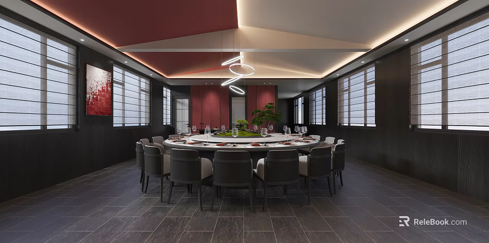 Elegant Clubhouse Dining Room With Round Table Black Chairs Red Walls And Pendant Lights 3d model 