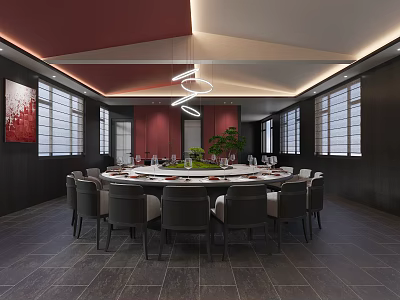 Elegant Clubhouse Dining Room With Round Table Black Chairs Red Walls And Pendant Lights 3d model