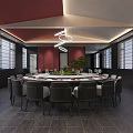 Elegant Clubhouse Dining Room With Round Table Black Chairs Red Walls And Pendant Lights