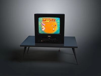 Vintage Television On Black Coffee Table With Colorful Cartoon Screen 3d model