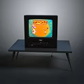 Vintage Television On Black Coffee Table With Colorful Cartoon Screen