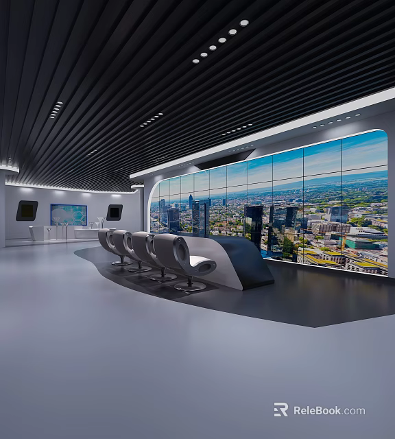 Modern Exhibition Hall Interior Featuring Large Windows City Skyline Curved Seats And Console 3d model 