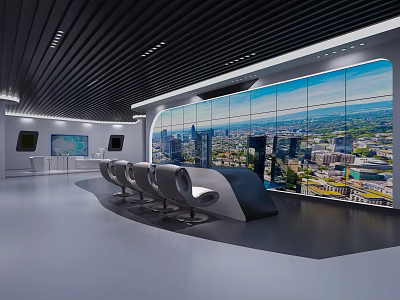 Modern Exhibition Hall Interior Featuring Large Windows City Skyline Curved Seats And Console 3d model