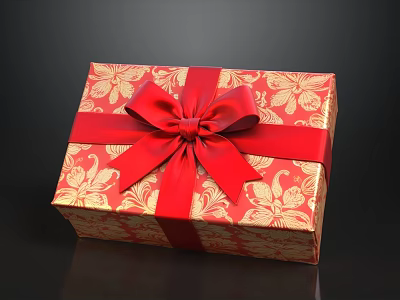 Elegant Red Gift Box With Gold Floral Pattern And Big Red Bow 3d model