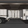 Modern Parking Garage Entrance With Black Silver Cars Glass Doors Wooden Ceiling And Striped Floor