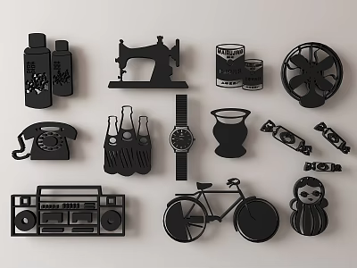 Vintage Wall Decor With Sewing Machine Bicycle Radio Phone And Mask Silhouette Art 3d model