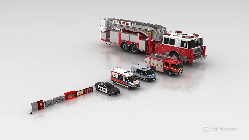 Diverse Functional Vehicles Collection With Fire Truck Ambulance Police Car and Train 3d model 