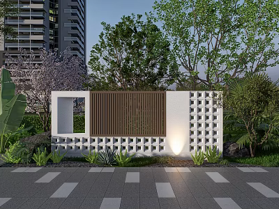 Modern Feature Wall With Wooden Slats Geometric Patterns And Lush Greenery By High Rise Building 3d model